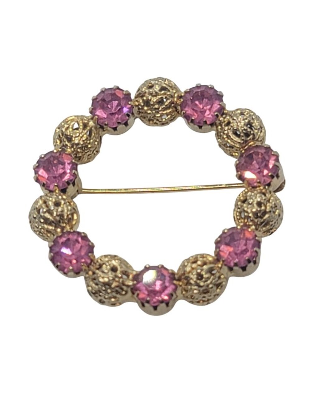 Gold Circle Brooch With Pink Rhinestones & Filigree Accents Vintage Elegant Pin